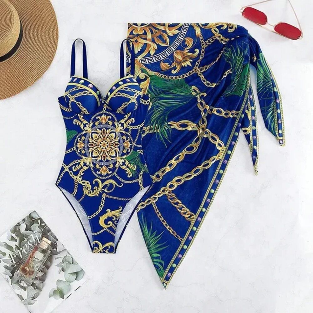 Chain Print Pushup One Piece Swimsuit S NEW
